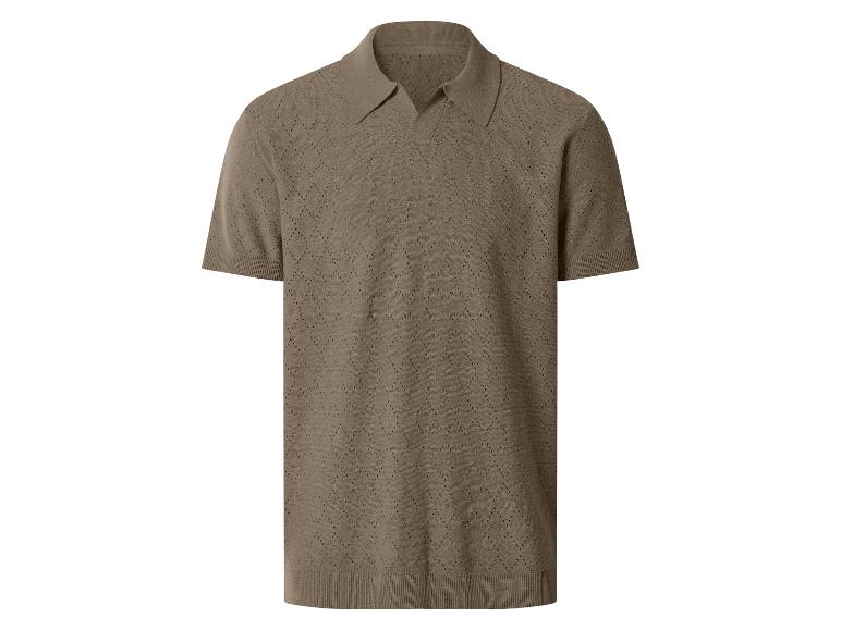 Braunes kurzärmeliges Strick-Poloshirt mit durchbrochenem Rautenmuster.