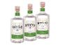 Drei Flaschen Gurken London Dry Gin mit weißen und grünen Etiketten.