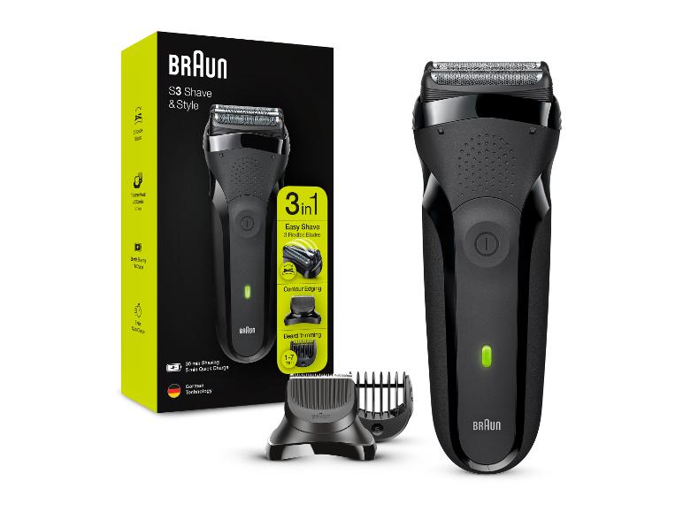 Elektrischer Herrenrasierer mit drei flexiblen Klingen, Bartschneideaufsätzen und Ladestation.
