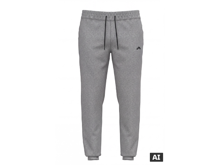 Graue Herren-Jogginghose mit schwarzem Kordelzug und Logo am Oberschenkel.