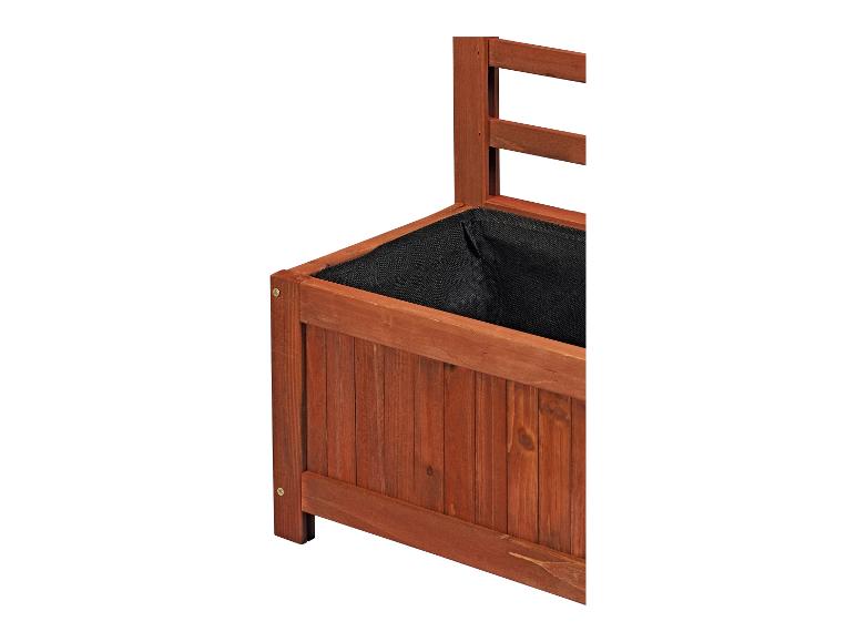 Ein Holz-Pflanzkasten mit integrierter Bank.