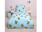 Blaue Kinderbettwäsche mit Minecraft-Bienen-Motiv auf einem Einzelbett.