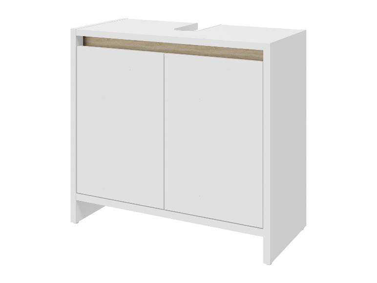 Weißer Badezimmerschrank mit zwei Türen und Holzablage.