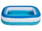 Blau-weißes aufblasbares Rechteckbecken für Kinder.
