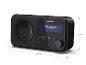 Schwarzes tragbares Radio mit Bluetooth-Display und Abmessungen
