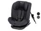 Schwarzer Kindersitz mit Gurt und verstellbarer Kopfstütze.