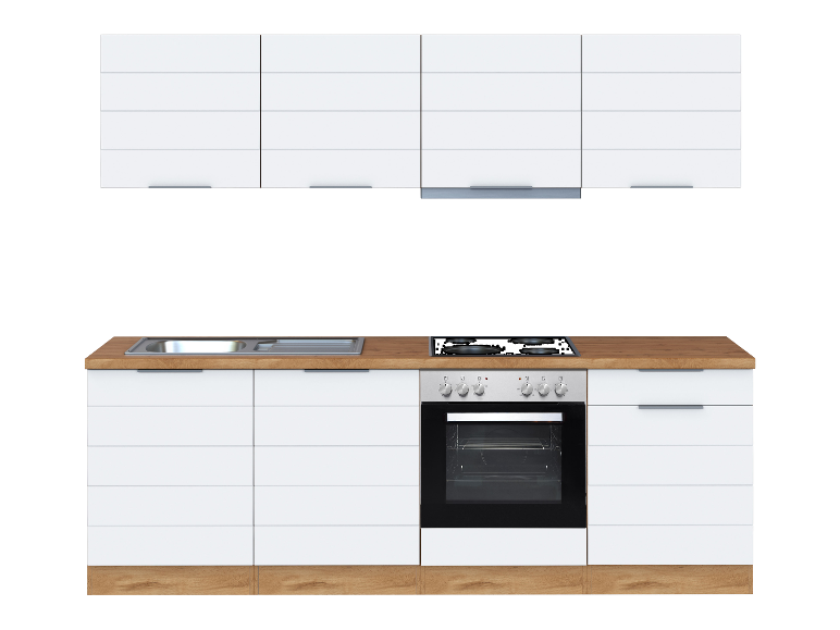 Weiße Küche mit Backofen und Kochfeld.