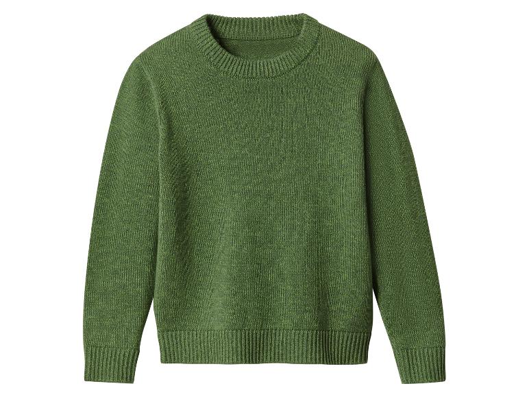 Grüner Strickpullover mit Rundhalsausschnitt auf weißem Hintergrund.