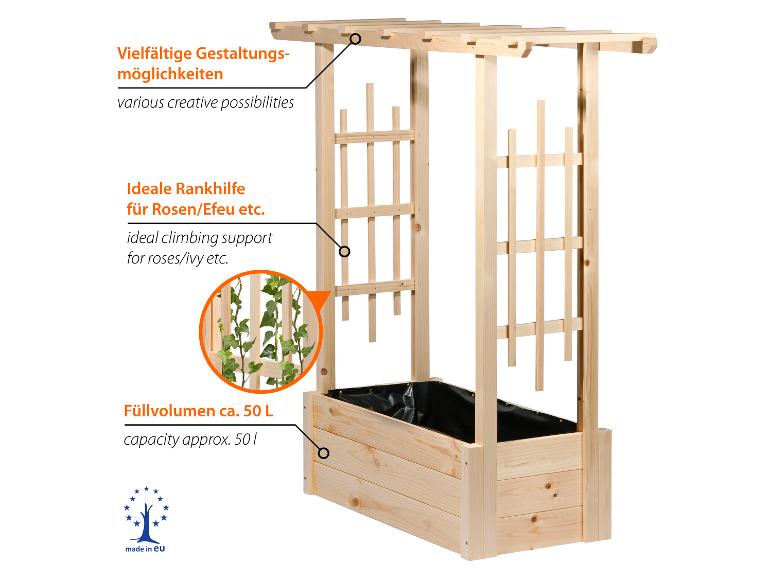 Holz-Rankhilfe mit Pflanzkasten, ideal für Rosen/Efeu, ca. 50 L Füllvolumen.