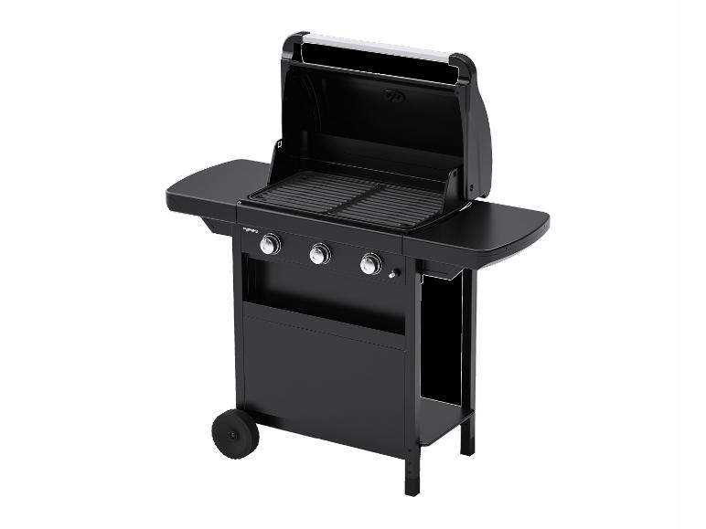 Schwarzer Gasgrill mit offenem Deckel, Seitenablagen und drei Bedienknöpfen.