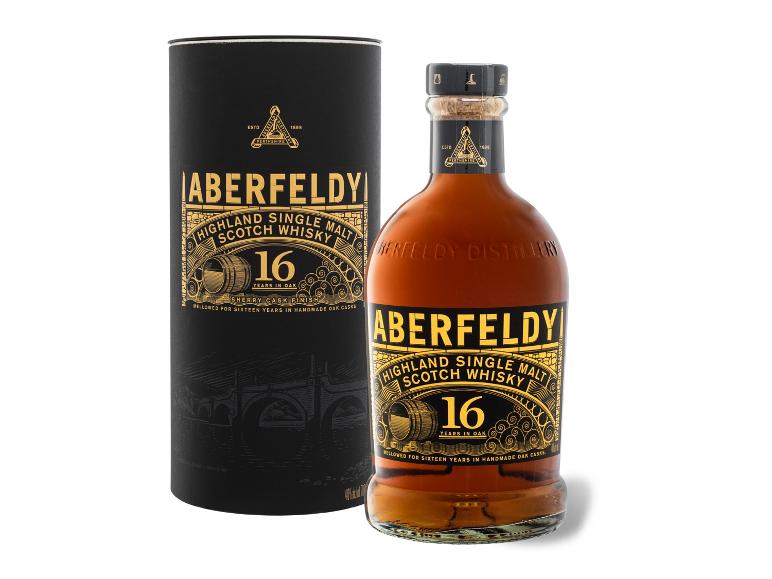 16 Jahre alter Highland Single Malt Scotch Whisky in Flasche und Präsentationsröhre.