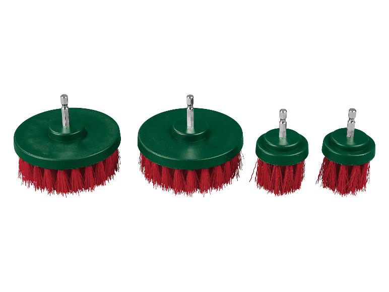 Drei runde Bürsten mit roten Borsten für Bohrmaschinen, verschiedene Größen.