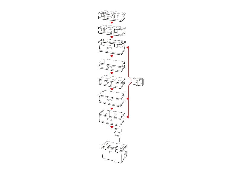 Montageschema eines modularen Aufbewahrungssystems mit Boxen und einem Rollwagen.