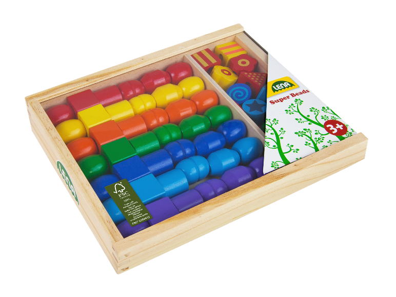 Lena Super Beads Holzkugeln in Holzkiste.