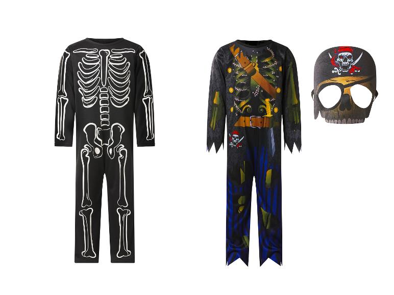 Zwei Halloween-Kostüme: Skelett und Pirat mit Maske.