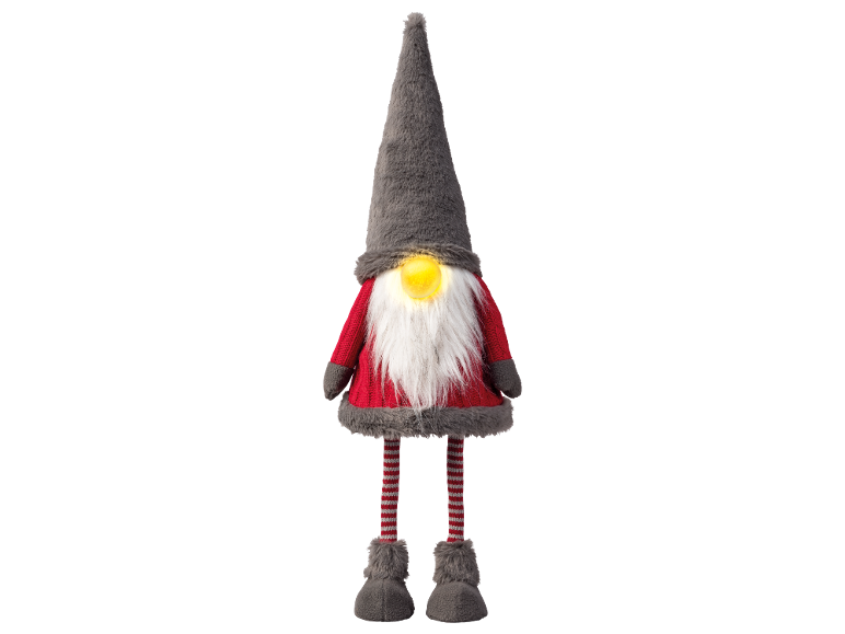 Weihnachtsdeko-Gnom mit grauem Hut, weißem Bart und leuchtender gelber Nase.