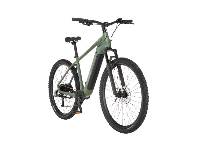 Grünes elektrisches Mountainbike mit Stollenreifen und Scheibenbremsen.