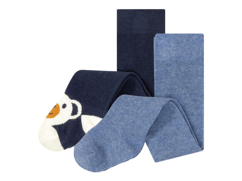 Zwei Paar Babystrumpfhosen, eine mit einem Bärenmuster und eine unifarben blau.