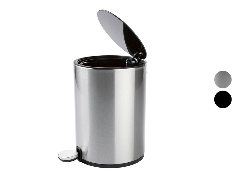 Ein silberner Mülleimer mit offenem Deckel.