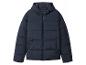 Dunkelblaue Steppjacke mit Kapuze und Reißverschluss.