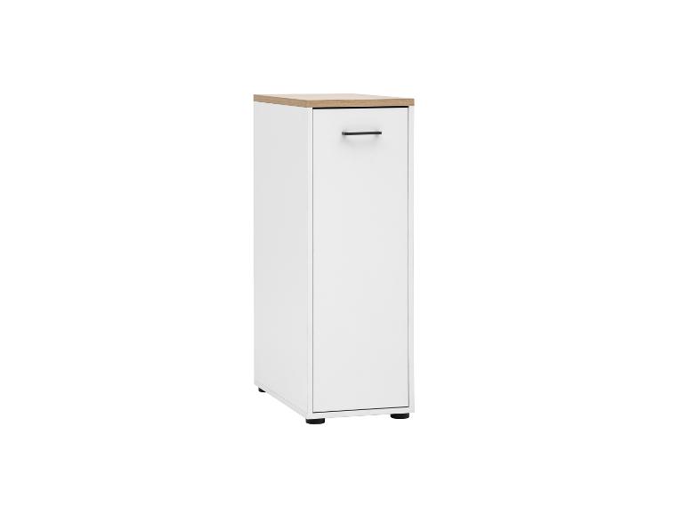 Schmaler weißer Hochschrank mit Holzplatte und schwarzem Griff