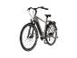 Graues E-Bike mit Gepäckträger und Vorderlicht.