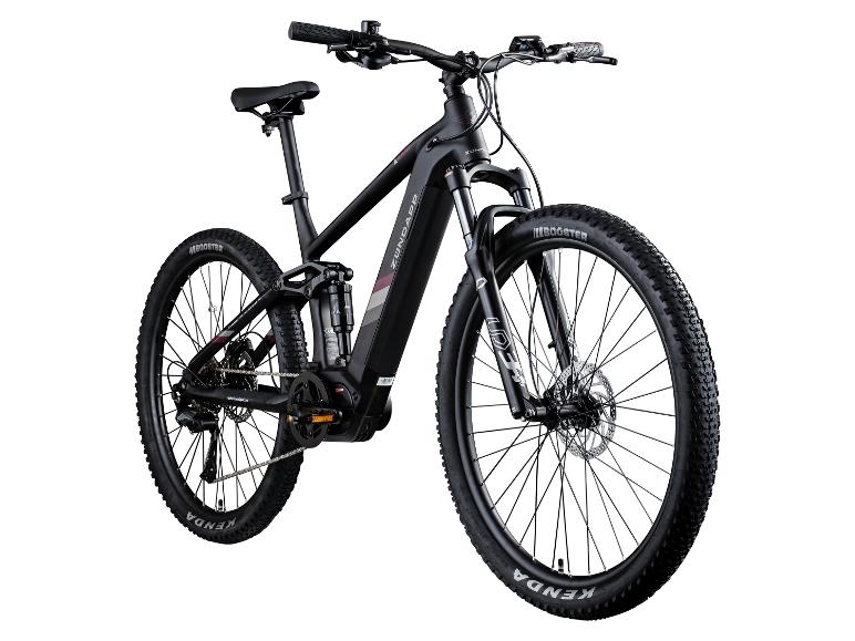 Schwarzes vollgefedertes E-Mountainbike auf weißem Hintergrund