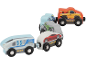 Holzspielzeugzug mit Waggons, die verschiedene Fahrzeuge transportieren.