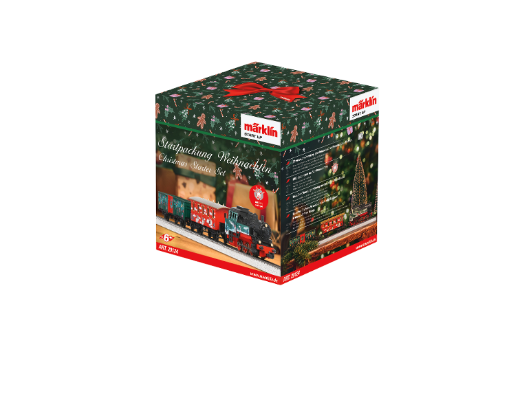 Weihnachts-Startpackung mit Dampfzug, Waggons und Gleisen, festlich dekoriert.
