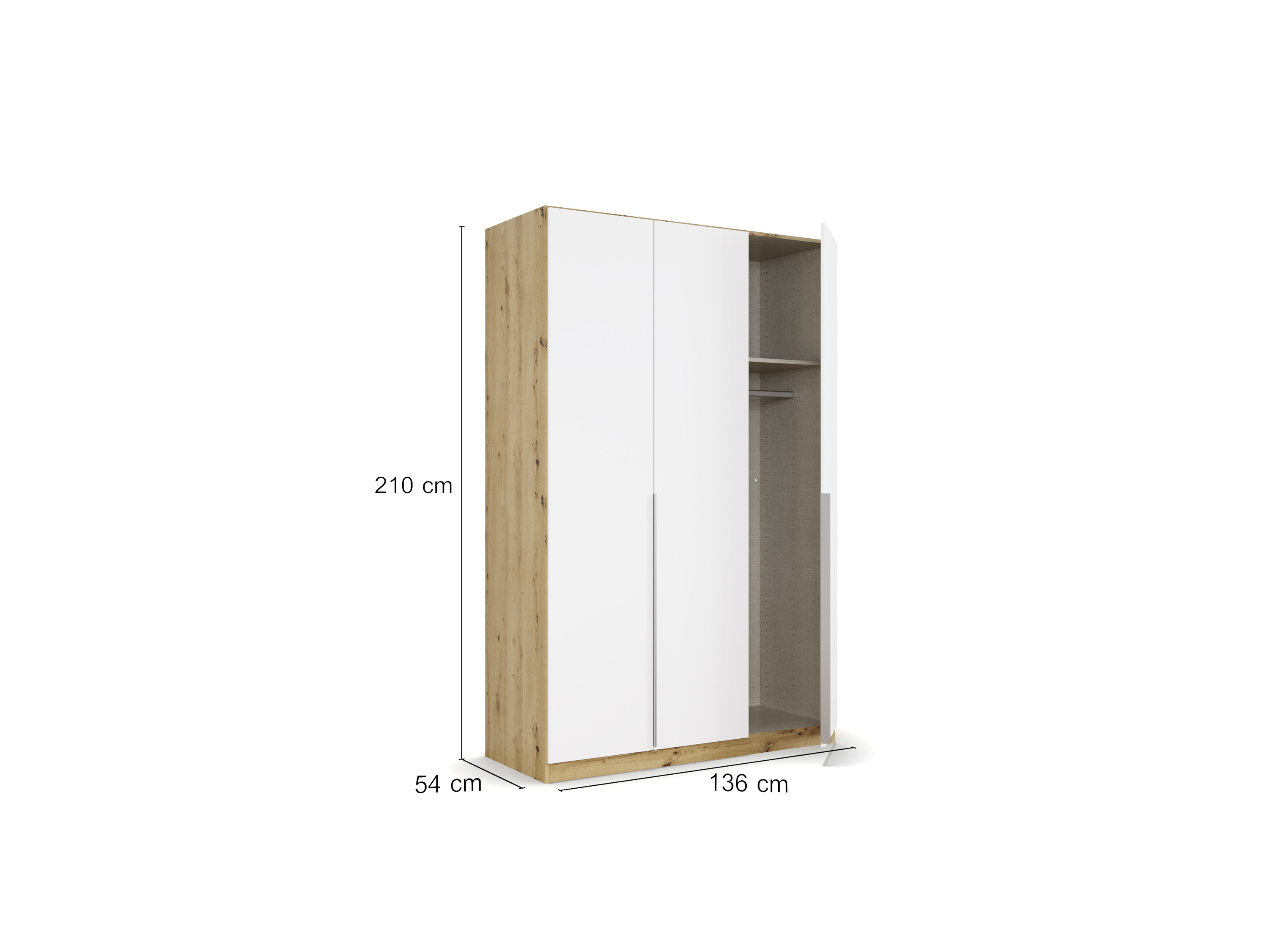RAUCH ORANGE Drehtürenschrank Alabama (Basic-Zubehör, Weiß/Eiche Artisan, Griffe Alu, 136 x 210 cm) – Bild 4 von 4