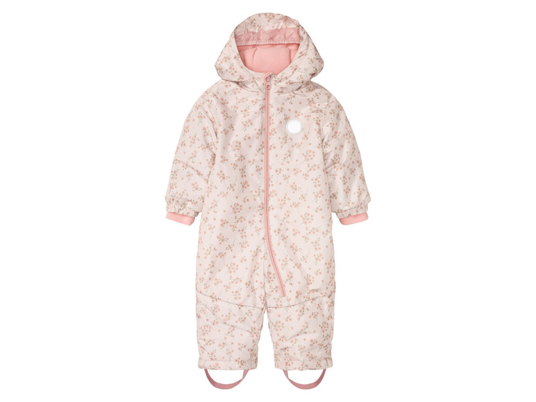 Ein rosafarbener Baby-Ski-Overall mit Blumenmuster.