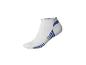 Weißer Socken mit blauen Details, ideal für Sport oder Alltag.