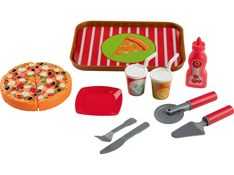 Spielzeug-Pizza-Set mit Tablett, Getränken, Ketchup, Besteck, Pizzaschneider und Heber.