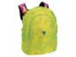 Gelbe Rucksack-Regenhülle mit rosa Blumenmuster-Trägern.