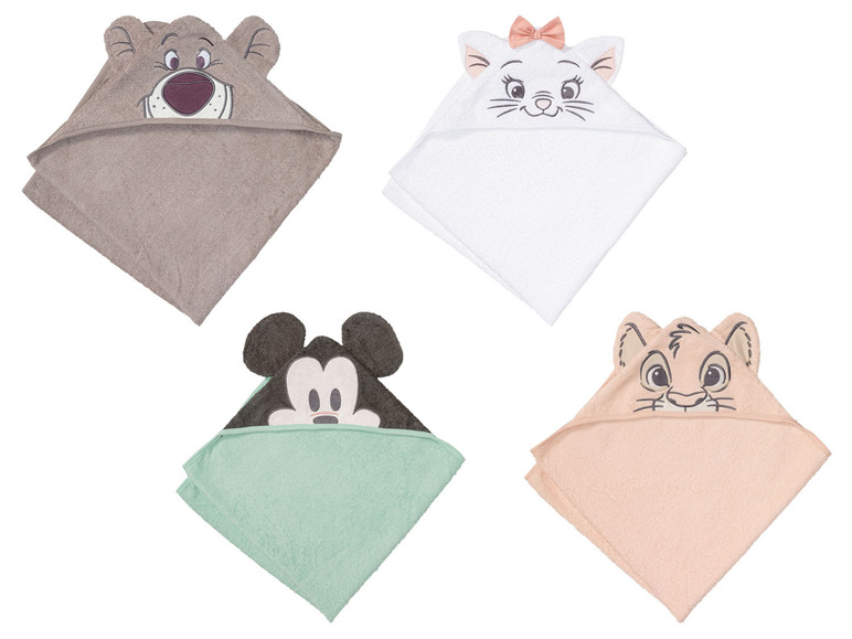 Badetücher mit Disney-Figuren, darunter Mickey Mouse und Marie.