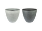 Zwei runde, graue Blumentöpfe.