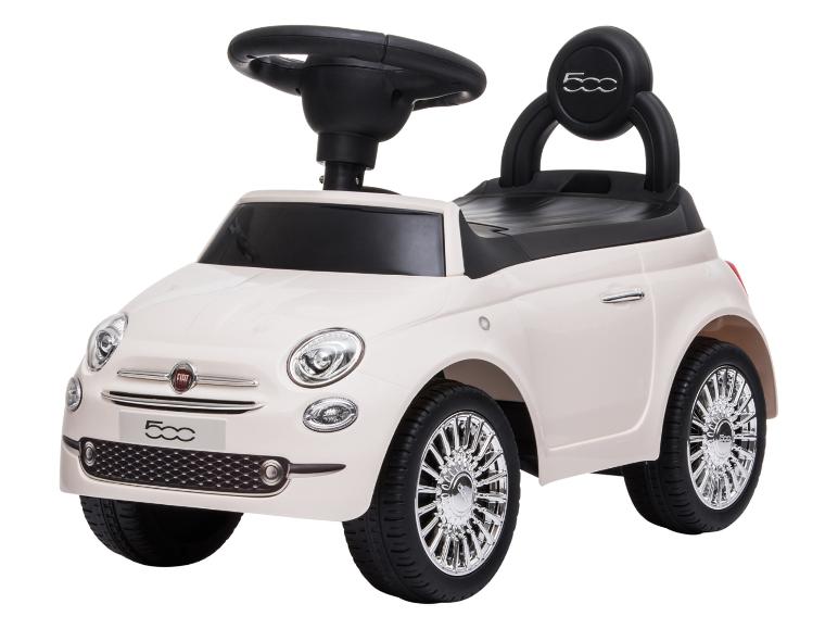 Weißes Kinder-Rutschauto mit schwarzem Lenkrad und Griff