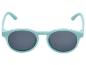 Hellblaue runde Sonnenbrille mit dunklen Gläsern.