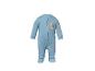 Blauer Baby-Schlafanzug mit Reißverschluss und einem schlafenden Teddybären auf einem Mond.