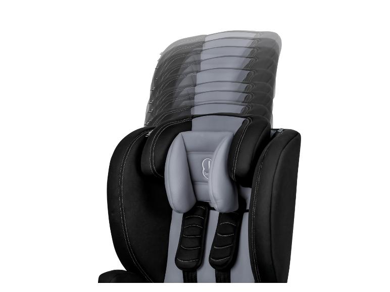 Schwarzer und grauer Kindersitz mit verstellbarer Kopfstütze.