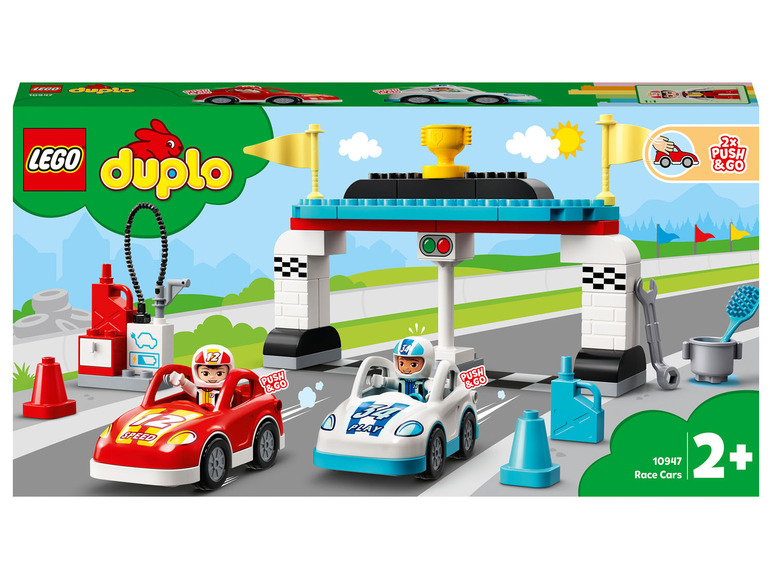 LEGO Duplo Rennautos mit Start- und Ziellinie und Zubehör.