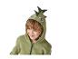 Lächelndes Kind in einem grünen Hoodie mit Dinosaurieraugen und -stacheln.