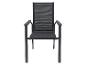 Dunkelgrauer Gartenstuhl mit Armlehnen und Netzrückenlehne.