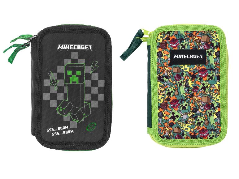Zwei Federmäppchen mit Gaming-Motiv, eines schwarz mit einem Creeper, eines bunt mit verschiedenen Spielelementen.