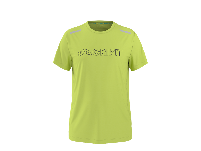 Limettengrünes Sport-T-Shirt mit Logo auf der Brust und reflektierenden Details.