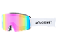 Skibrille mit regenbogenfarbener Scheibe und weißem Band mit schwarzem Schriftzug