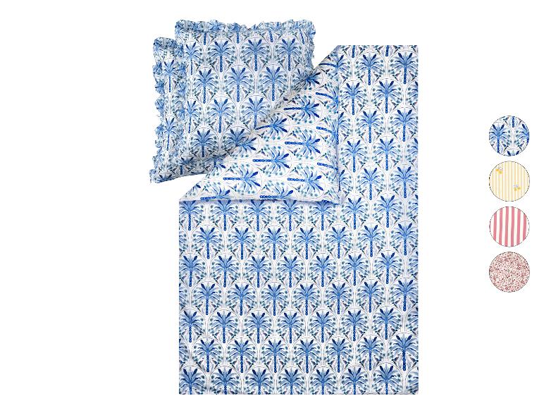 Bettbezug- und Kissen-Set mit blauem Palmenmuster und Musterbeispielen.