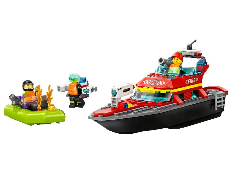 Spielzeug-Feuerwehrboot mit Minifiguren, einem kleineren Floß und Feuerelementen.