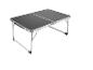 Tragbarer Klapptisch mit schwarzer Tischplatte und Aluminiumrahmen.