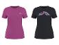 Zwei Damen-Sport-T-Shirts: ein einfarbiges lila und ein schwarzes mit abstraktem Muster.